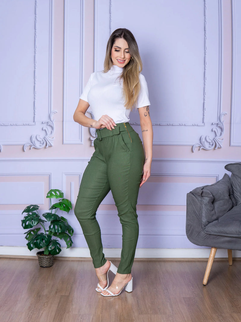 Calça Feminina para Trabalho com Cinto e Bolso