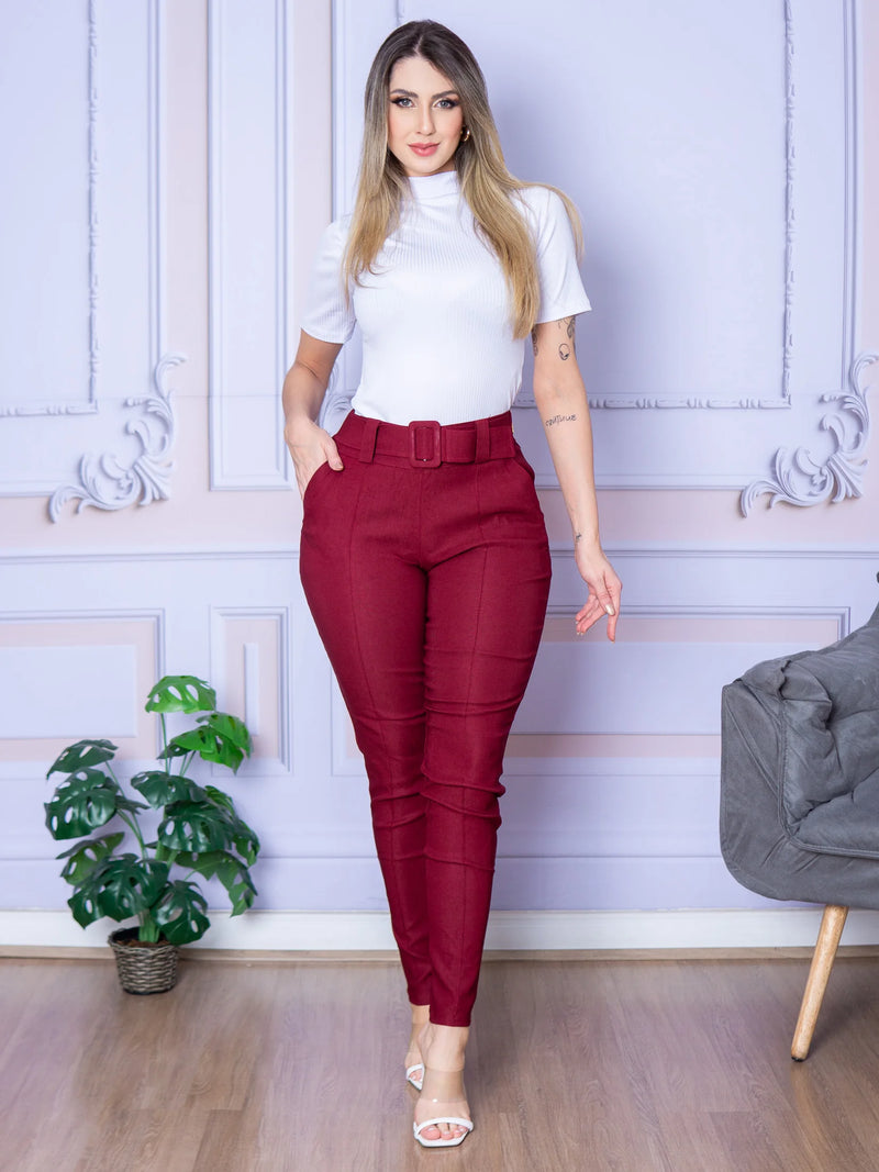 Calça Feminina para Trabalho com Cinto e Bolso